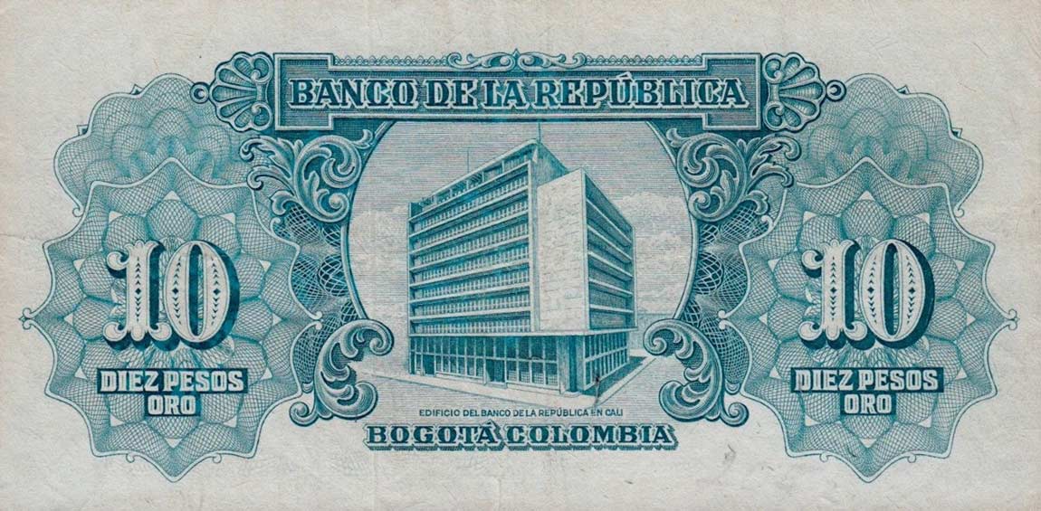 Back of Colombia p400b: 10 Pesos Oro from 1958