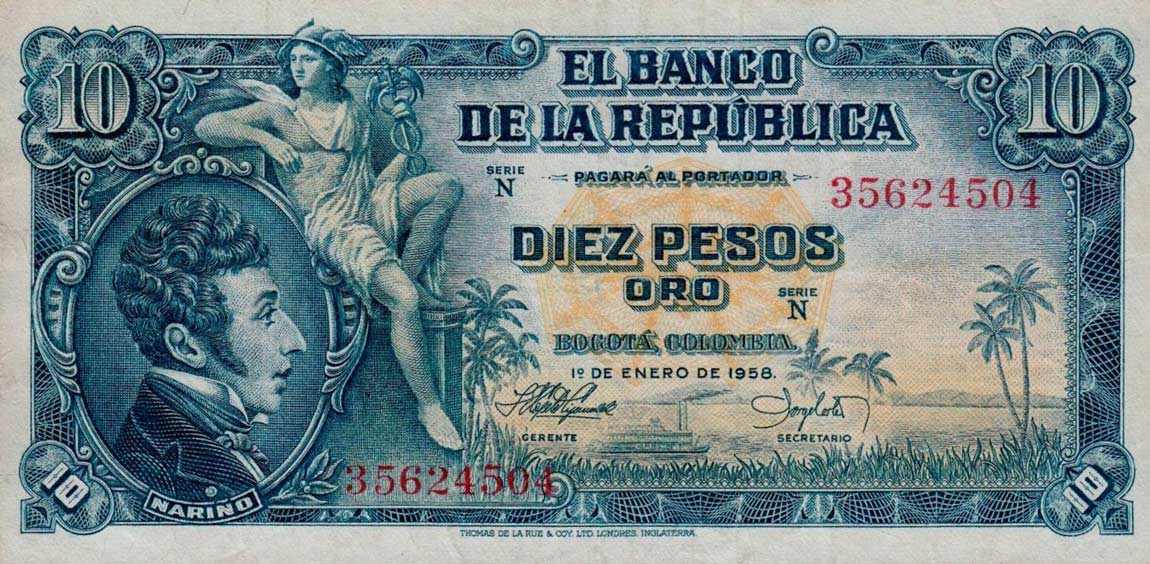 Front of Colombia p400b: 10 Pesos Oro from 1958