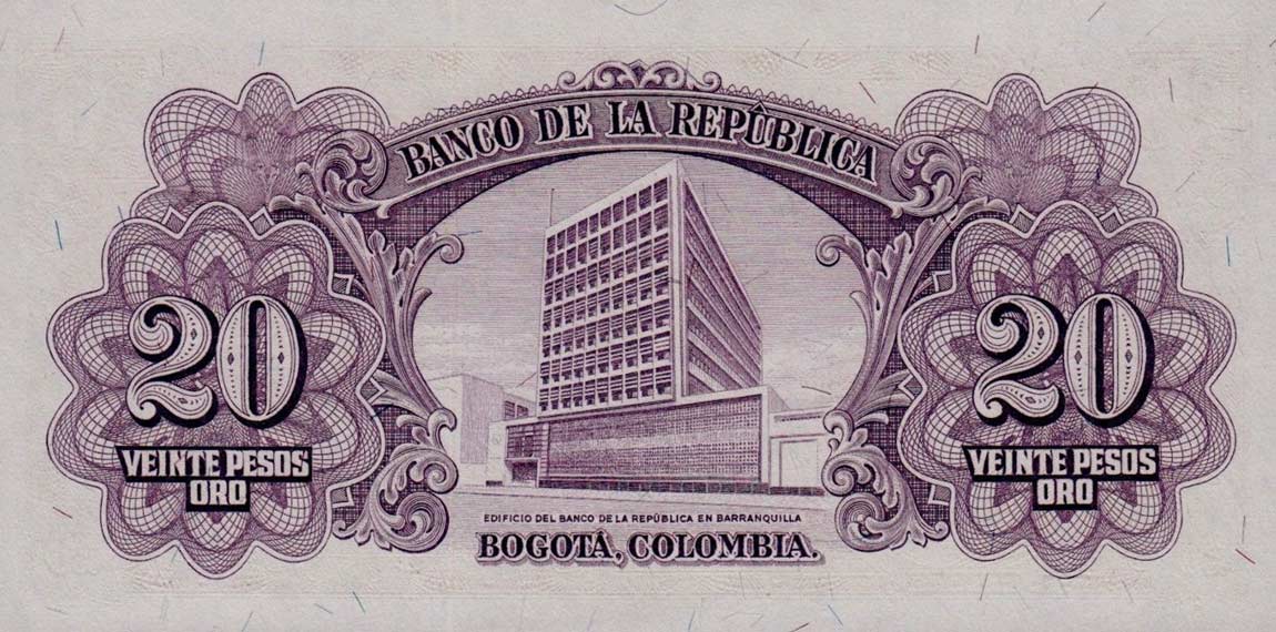 Back of Colombia p401a: 20 Pesos Oro from 1953