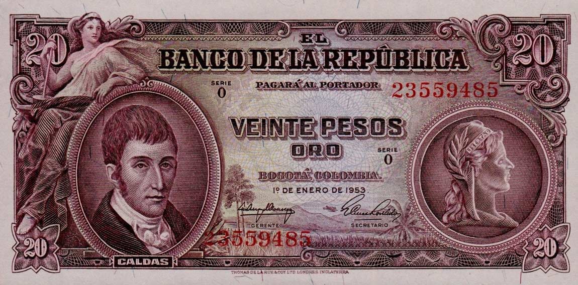 Front of Colombia p401a: 20 Pesos Oro from 1953