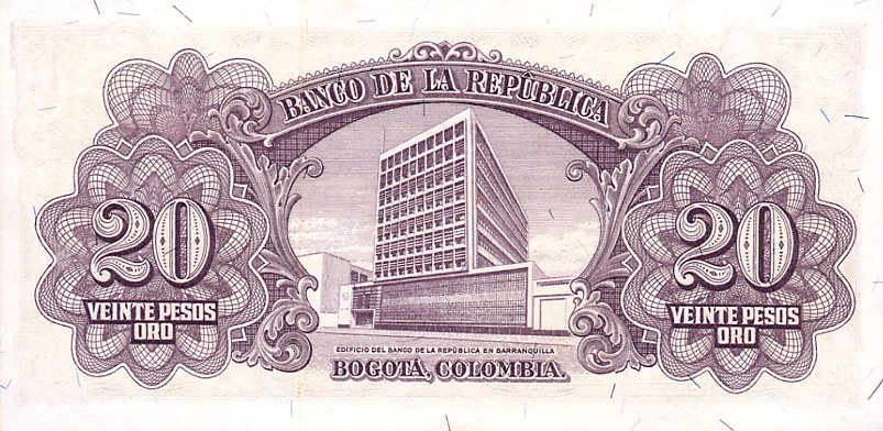 Back of Colombia p401b: 20 Pesos Oro from 1960