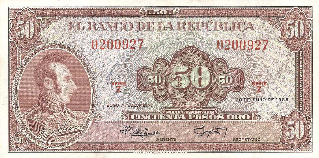 Front of Colombia p402a: 50 Pesos Oro from 1958