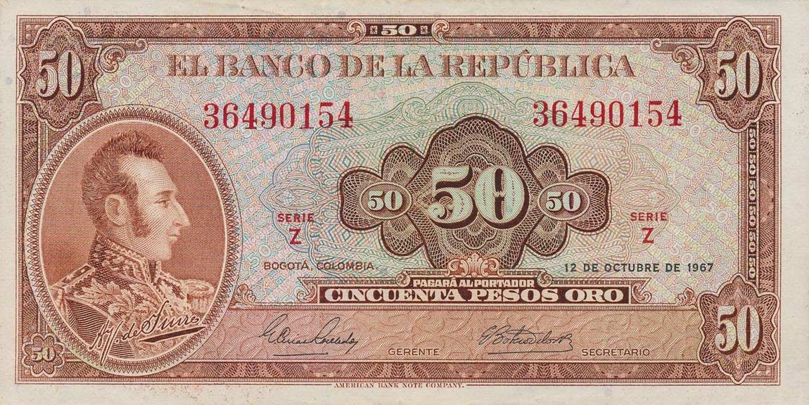 Front of Colombia p402b: 50 Pesos Oro from 1964