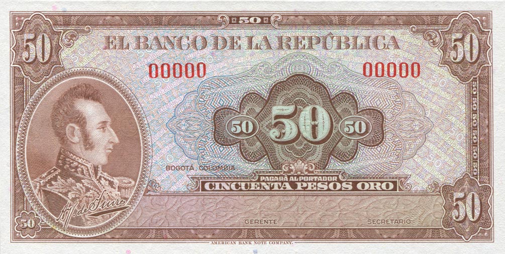 Front of Colombia p402s1: 50 Pesos Oro from 1958