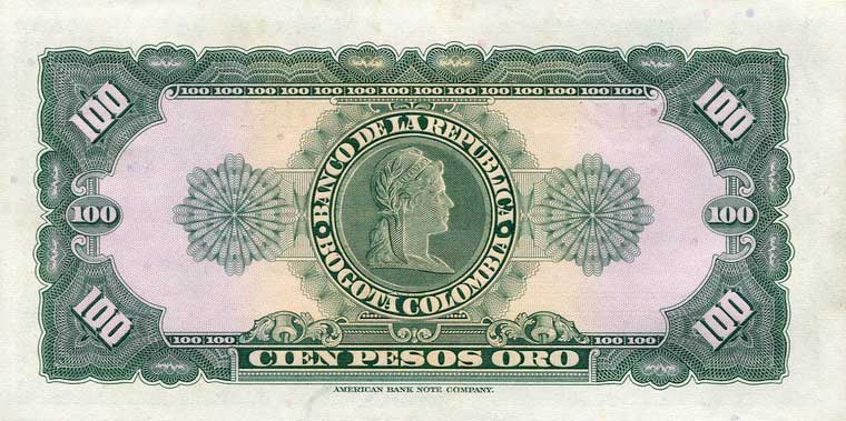 Back of Colombia p403a: 100 Pesos Oro from 1958