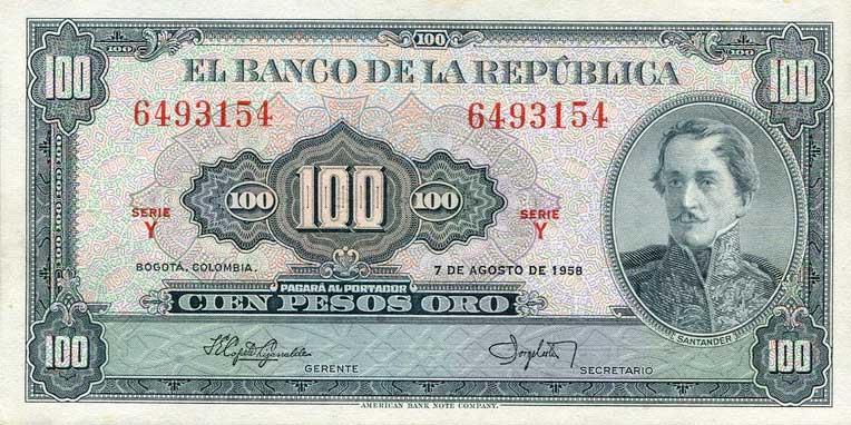 Front of Colombia p403a: 100 Pesos Oro from 1958