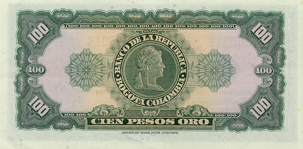 Back of Colombia p403c: 100 Pesos Oro from 1965