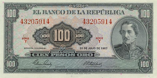 Front of Colombia p403c: 100 Pesos Oro from 1965