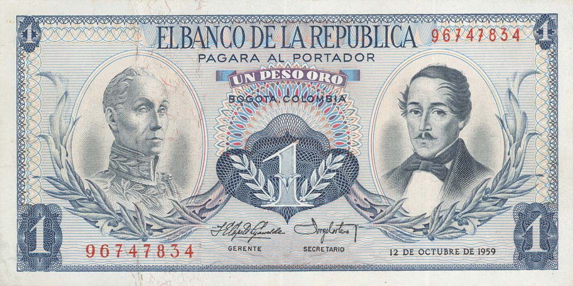 Front of Colombia p404a: 1 Peso Oro from 1959