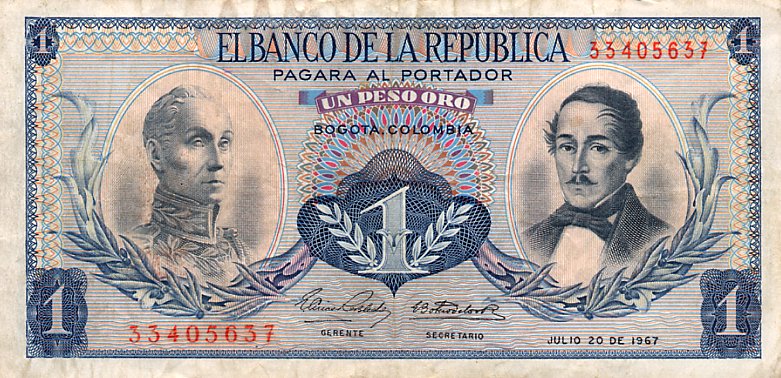 Front of Colombia p404d: 1 Peso Oro from 1966