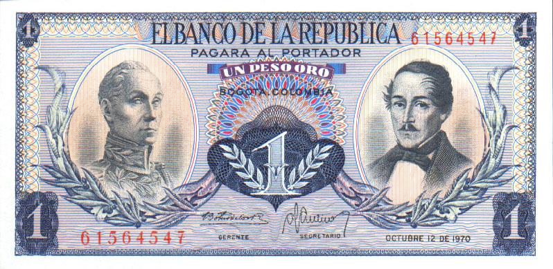 Front of Colombia p404e: 1 Peso Oro from 1970