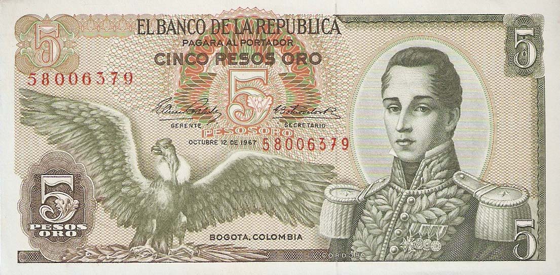 Front of Colombia p406b: 5 Pesos Oro from 1965