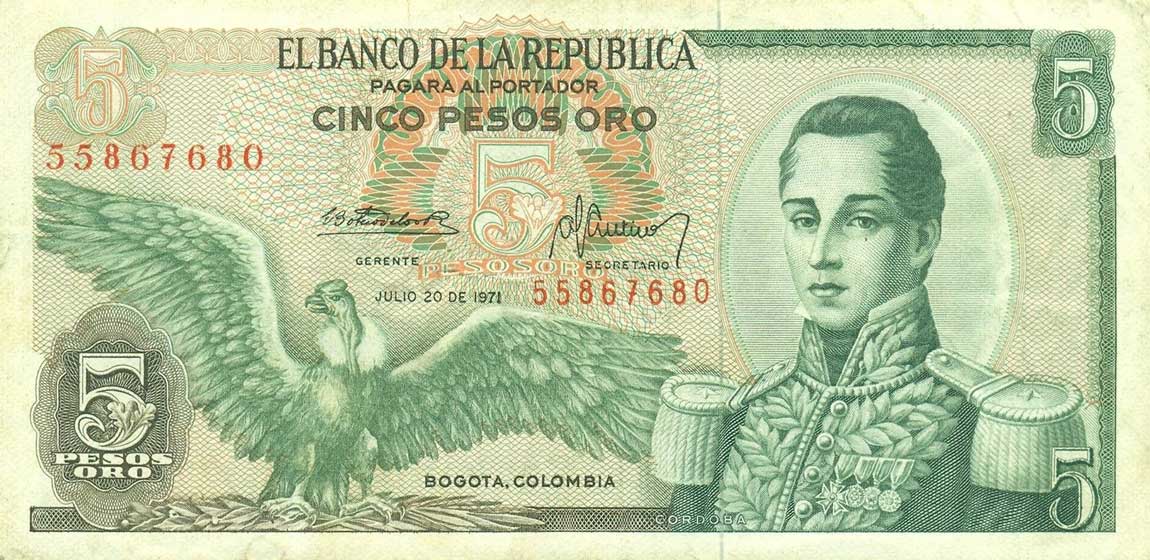 Front of Colombia p406c: 5 Pesos Oro from 1971