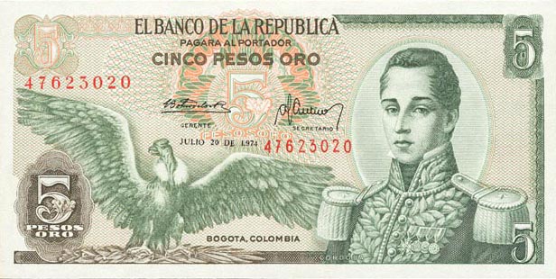 Front of Colombia p406e: 5 Pesos Oro from 1973