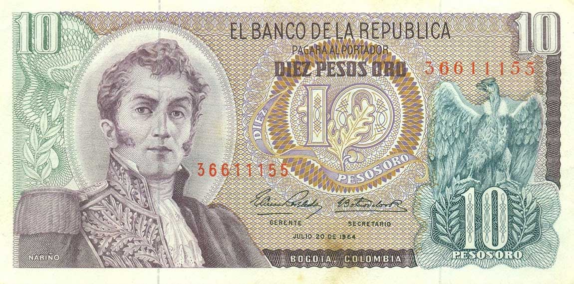 Front of Colombia p407b: 10 Pesos Oro from 1964