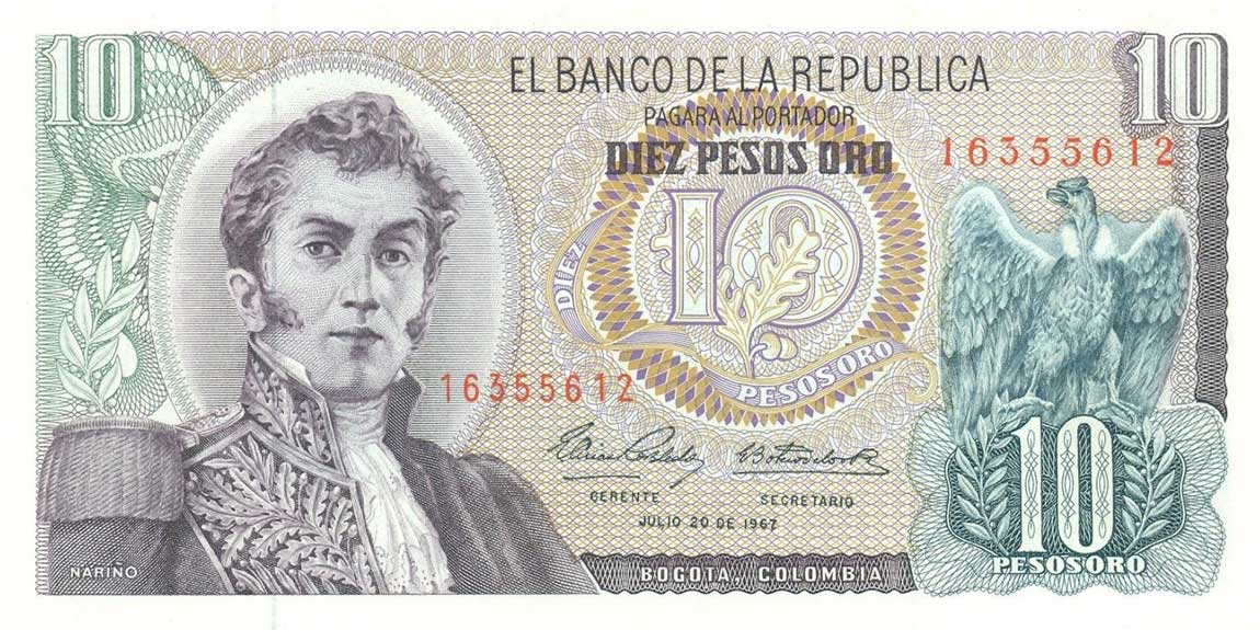 Front of Colombia p407c: 10 Pesos Oro from 1965