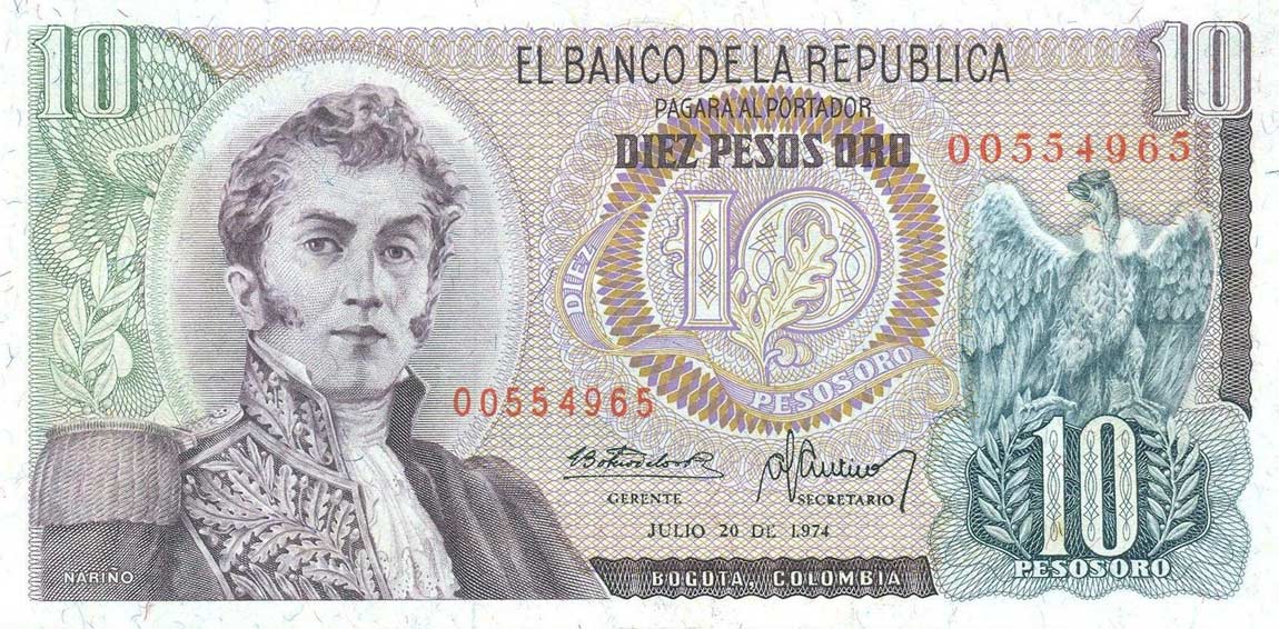 Front of Colombia p407e: 10 Pesos Oro from 1974