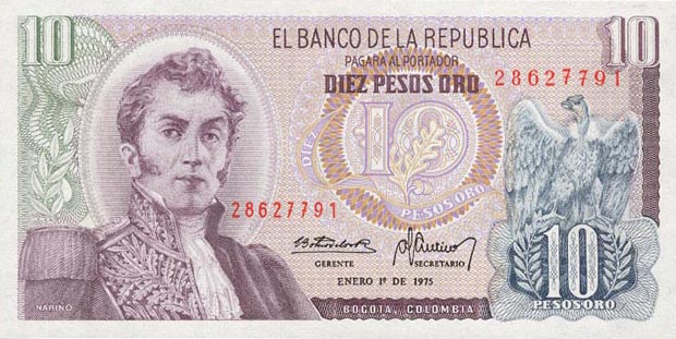 Front of Colombia p407f: 10 Pesos Oro from 1974