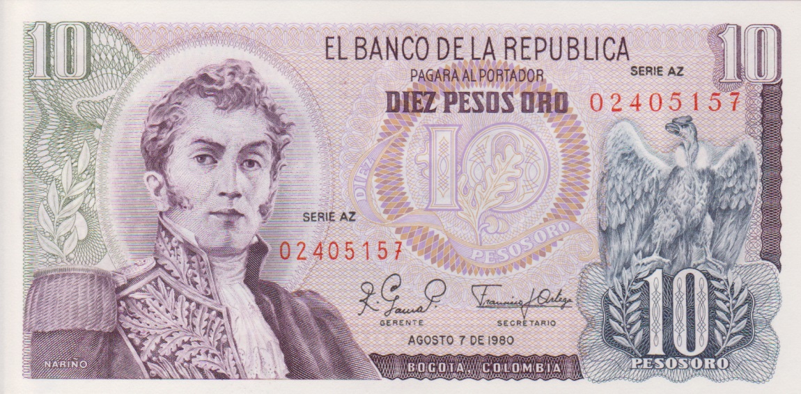 Front of Colombia p407h: 10 Pesos Oro from 1980