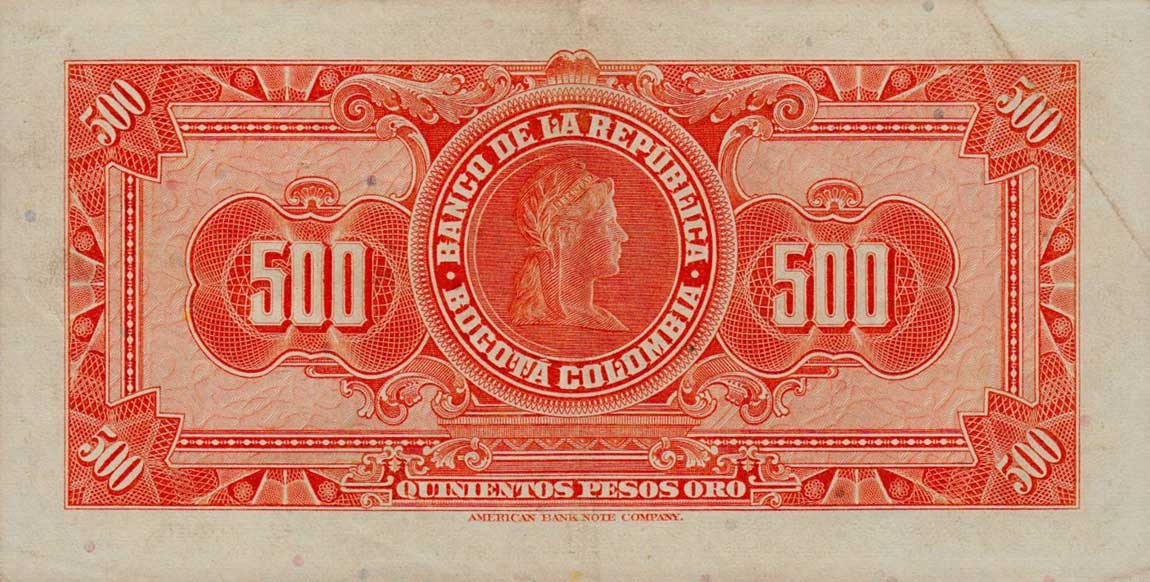 Back of Colombia p408b: 500 Pesos Oro from 1964