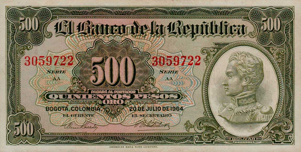 Front of Colombia p408b: 500 Pesos Oro from 1964