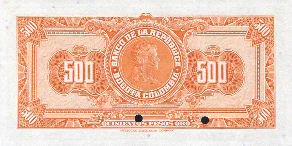 Back of Colombia p408s: 500 Pesos Oro from 1964