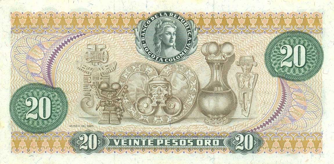 Back of Colombia p409a: 20 Pesos Oro from 1966