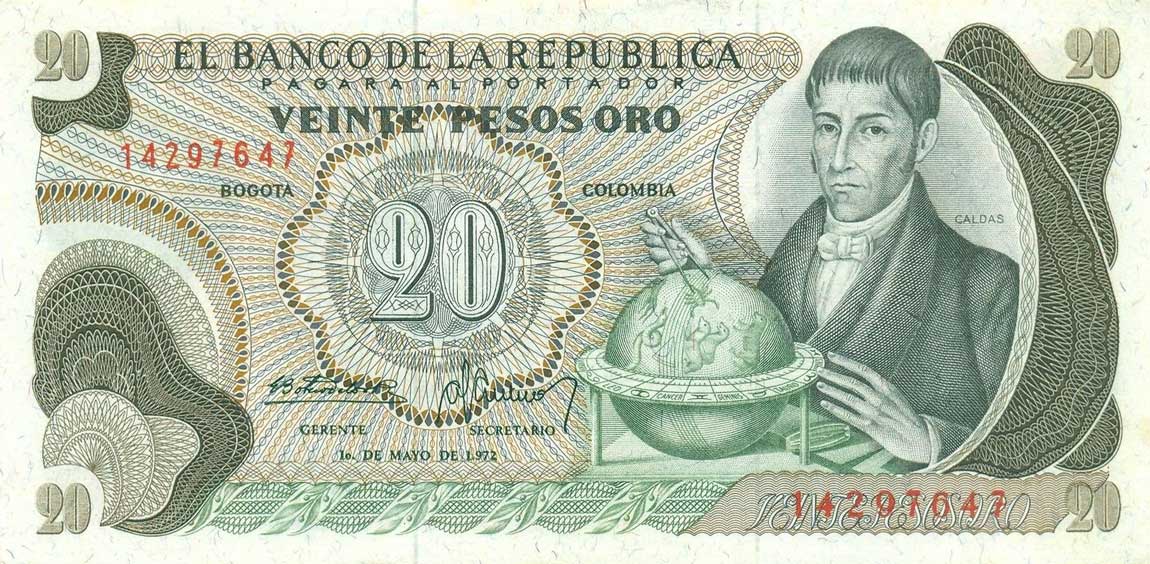 Front of Colombia p409a: 20 Pesos Oro from 1966