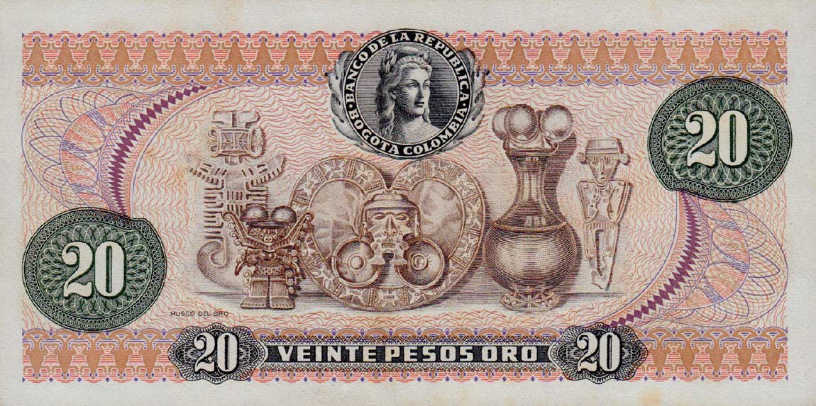 Back of Colombia p409c: 20 Pesos Oro from 1974