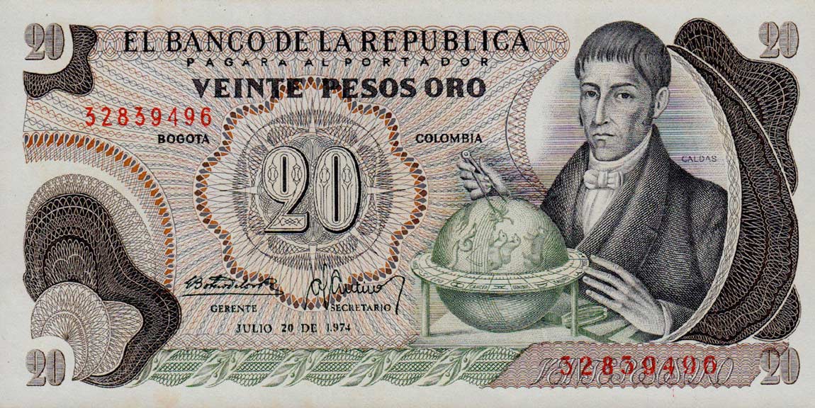 Front of Colombia p409c: 20 Pesos Oro from 1974