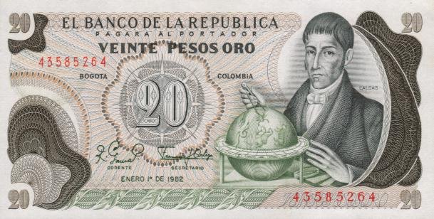 Front of Colombia p409d: 20 Pesos Oro from 1979