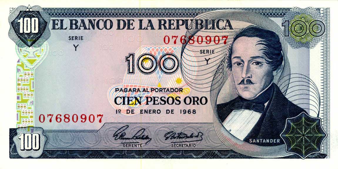 Front of Colombia p410a: 100 Pesos Oro from 1968