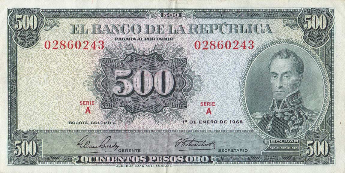 Front of Colombia p411a: 500 Pesos Oro from 1968