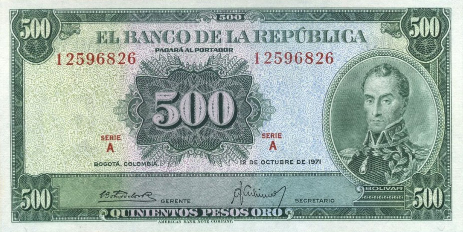 Front of Colombia p411b: 500 Pesos Oro from 1971