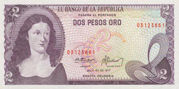 Front of Colombia p413b: 2 Pesos Oro from 1976