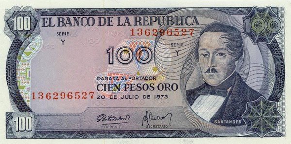 Front of Colombia p415a: 100 Pesos Oro from 1973