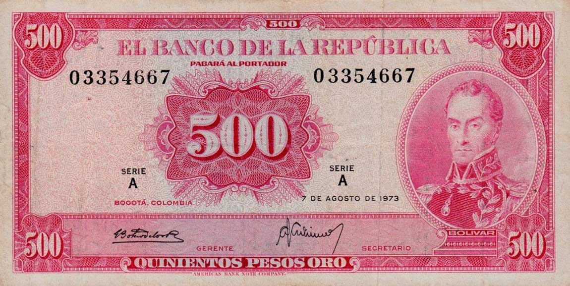 Front of Colombia p416a: 500 Pesos Oro from 1973