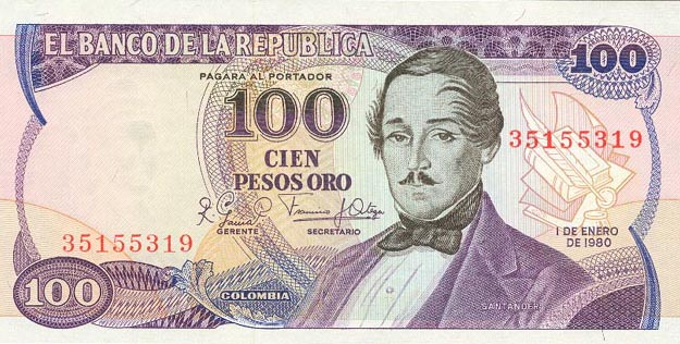 Front of Colombia p418b: 100 Pesos Oro from 1980