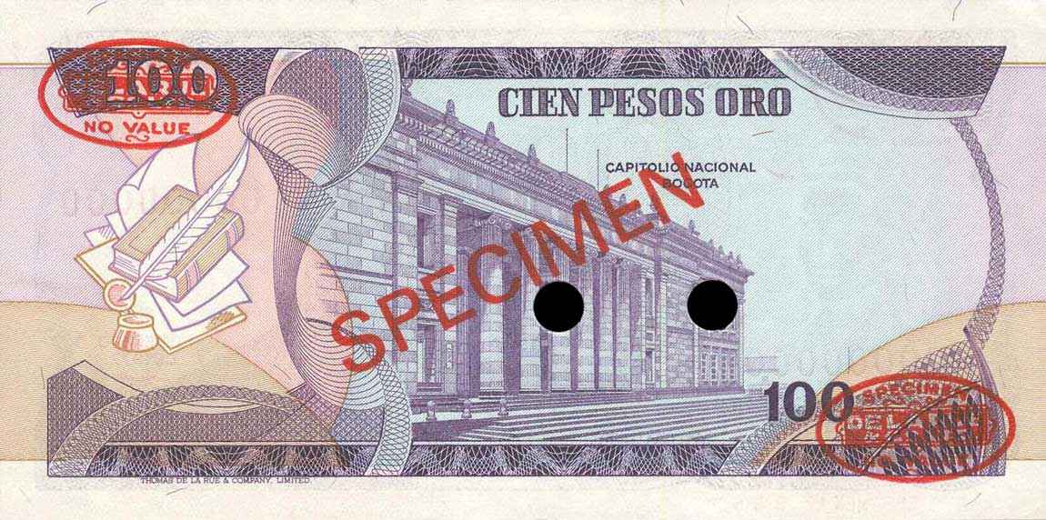 Back of Colombia p418s2: 100 Pesos Oro from 1977