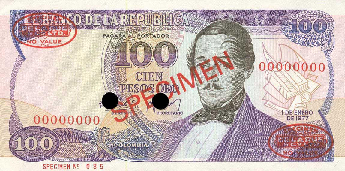 Front of Colombia p418s2: 100 Pesos Oro from 1977