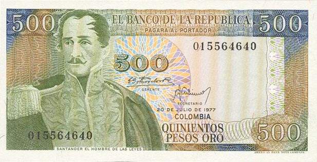 Front of Colombia p420a: 500 Pesos Oro from 1977