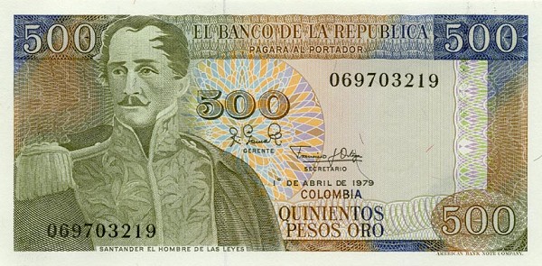 Front of Colombia p420b: 500 Pesos Oro from 1979