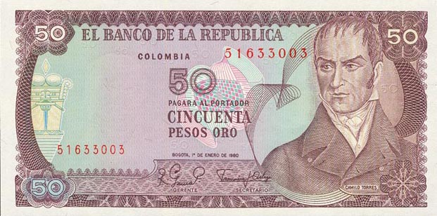 Front of Colombia p422a: 50 Pesos Oro from 1980