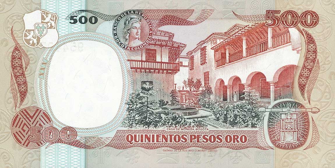 Back of Colombia p423a: 500 Pesos Oro from 1981