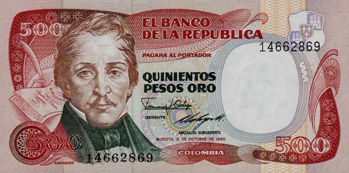 Front of Colombia p423c: 500 Pesos Oro from 1985