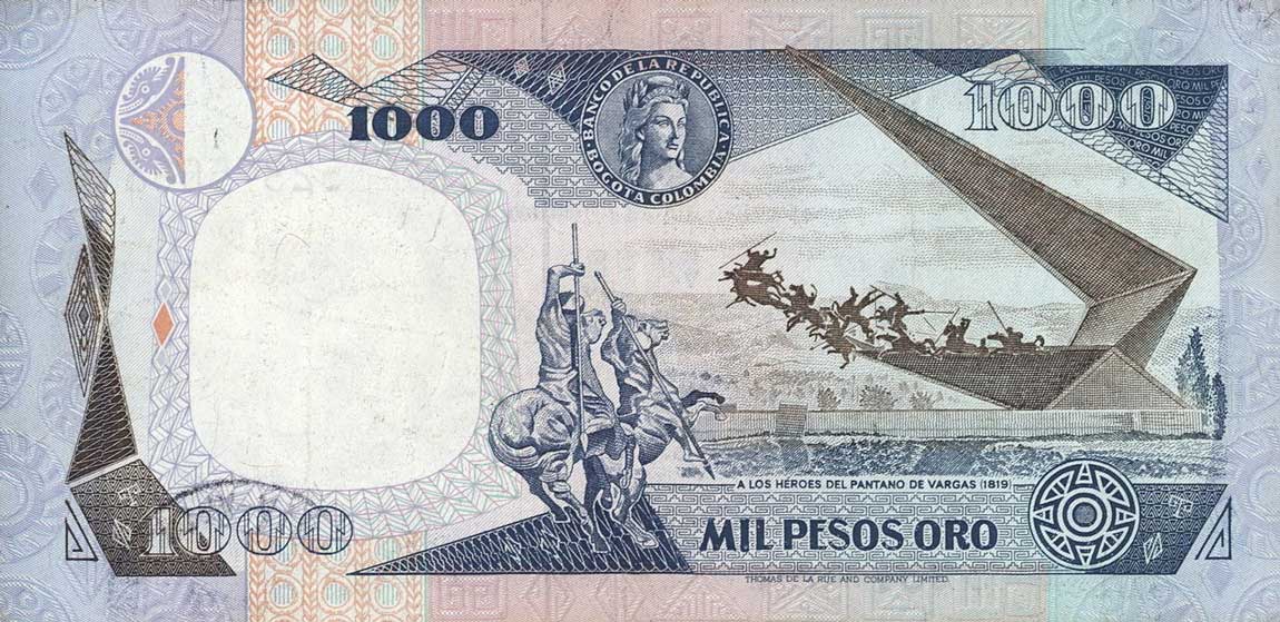 Back of Colombia p424a: 1000 Pesos Oro from 1982