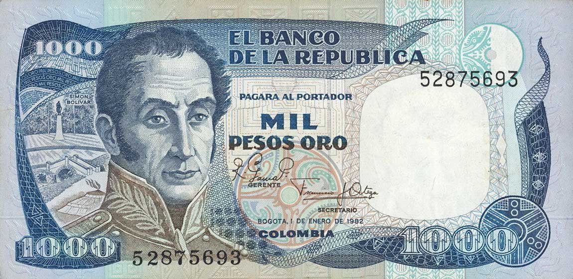 Front of Colombia p424a: 1000 Pesos Oro from 1982