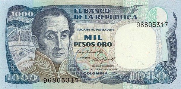 Front of Colombia p424b: 1000 Pesos Oro from 1984