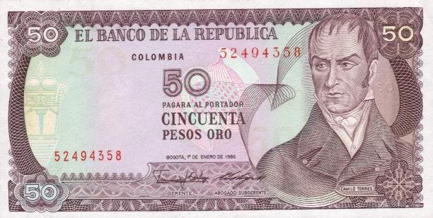 Front of Colombia p425b: 50 Pesos Oro from 1986