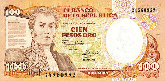 Front of Colombia p426A: 100 Pesos Oro from 1991